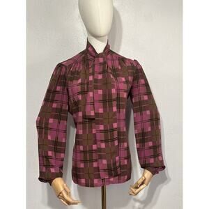 VTG Lloyd Williams Satin Neck Tie Blouse 6  Brown Pink Plaid Trendy NYFW